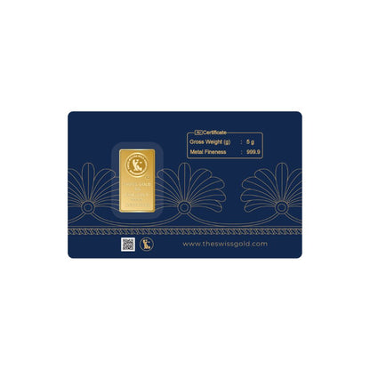 Gold bar in a blue packaging with decorative elements on a white background