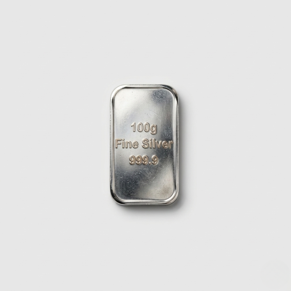 100g Fine Silver bar with '999.9' purity on a light gray background
