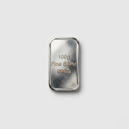 100g Fine Silver bar with '999.9' purity on a light gray background