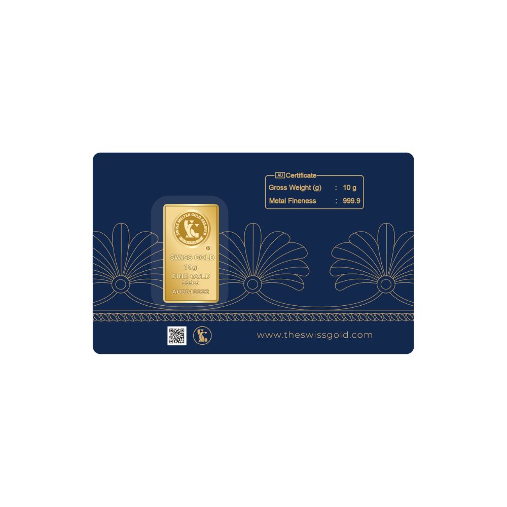 Gold bar in a blue packaging with branding and certification details on a white background
