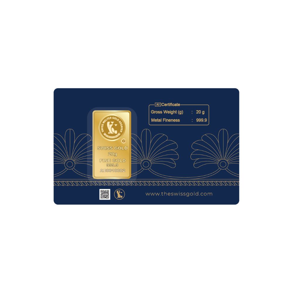 Gold bar in a blue packaging with branding and product details on a white background