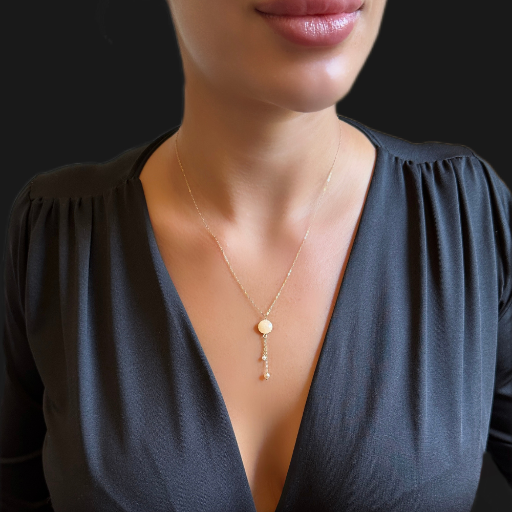 Nude pink enamel circle shaped pendant - gold necklace