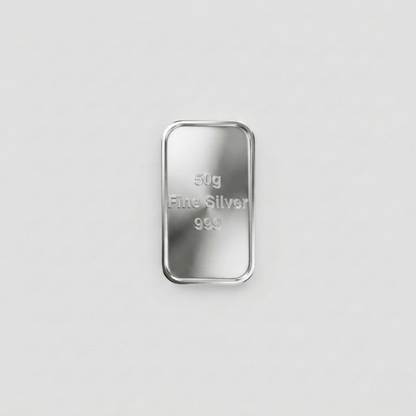 Silver bar with '50g Fine Silver 999' text on a light gray background