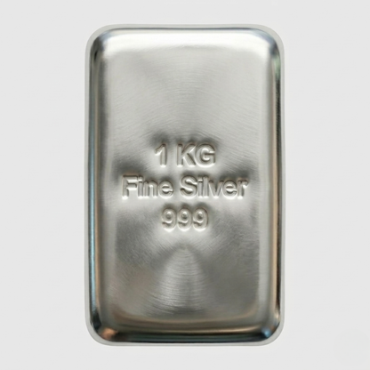 1 kg fine silver bar with '999' purity on a light gray background