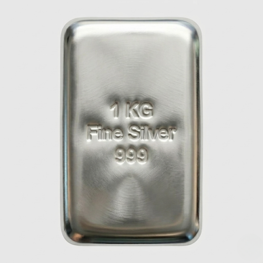 1 kg fine silver bar with '999' purity on a light gray background
