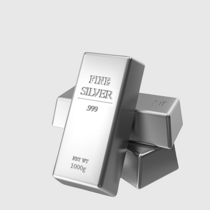 Silver bar with 'Fine Silver 999' and 'Net WT 1000g' text on a light gray background