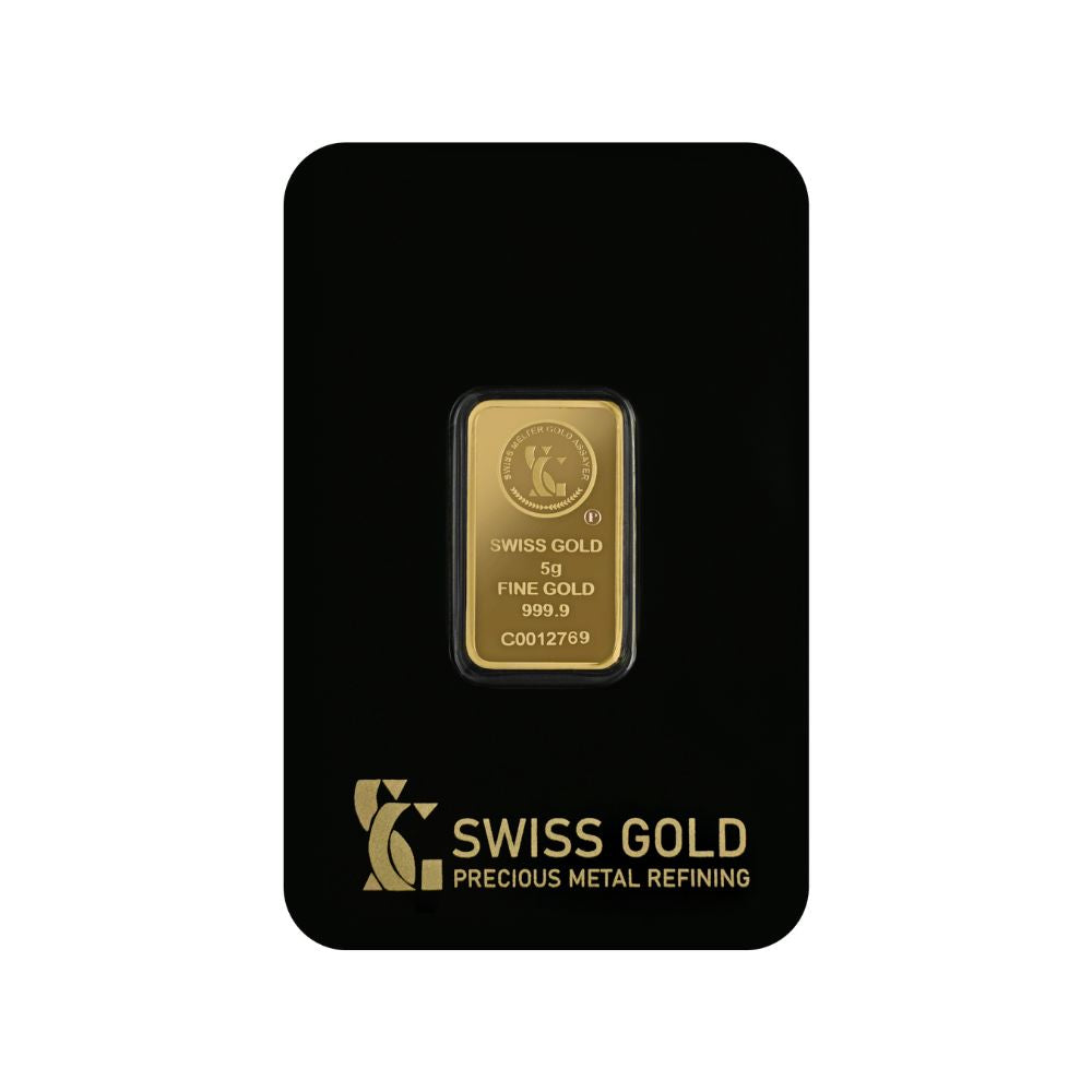 Gold bar on a black card with 'Swiss Gold' branding