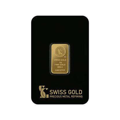 Gold bar on a black card with 'Swiss Gold' branding