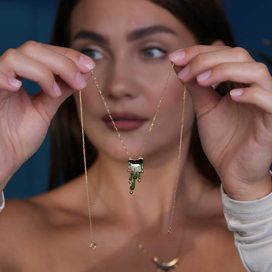 Liquefy – Honey drips, green enamel necklace