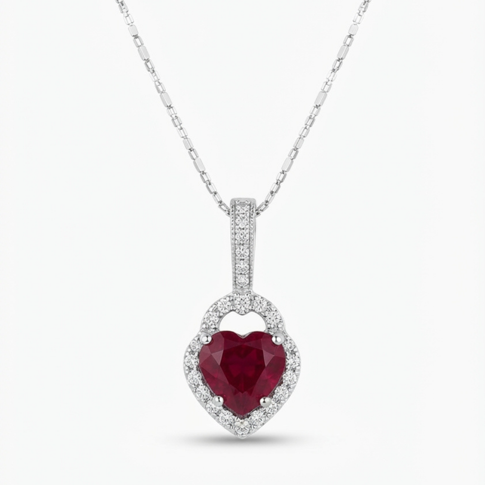 Heart-Shape Ruby & Diamond Halo Pendant Necklace