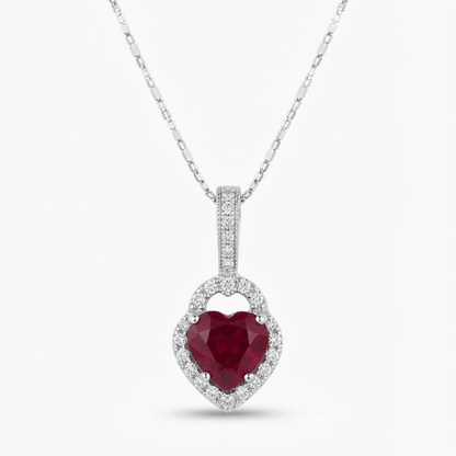 Heart-Shape Ruby & Diamond Halo Pendant Necklace