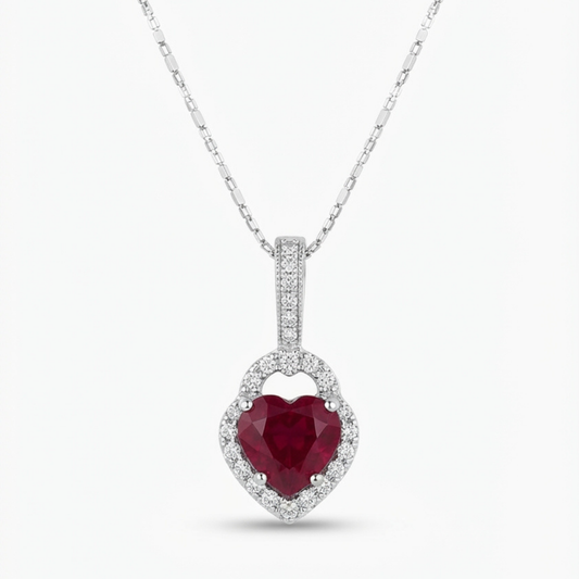 Heart-Shape Ruby & Diamond Halo Pendant Necklace