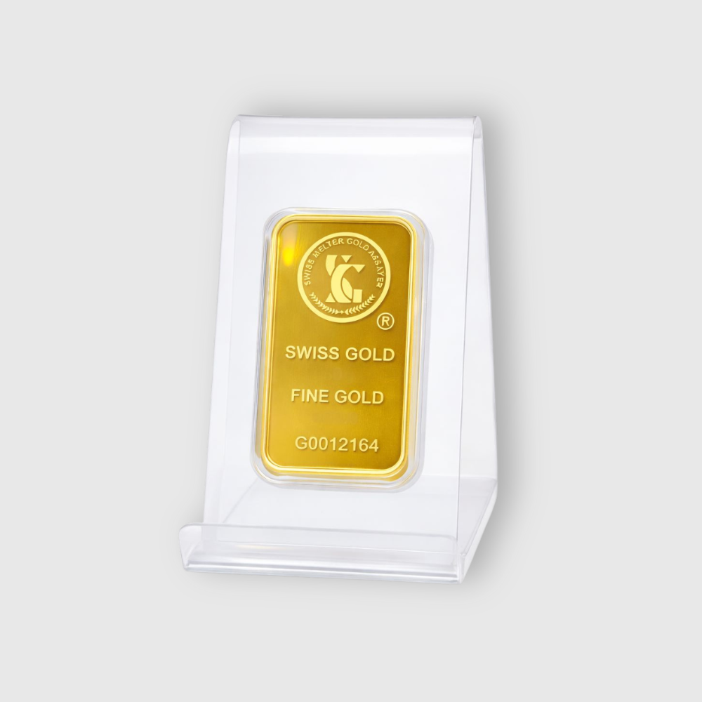 Gold bar with 'Swiss Gold' branding on a white background