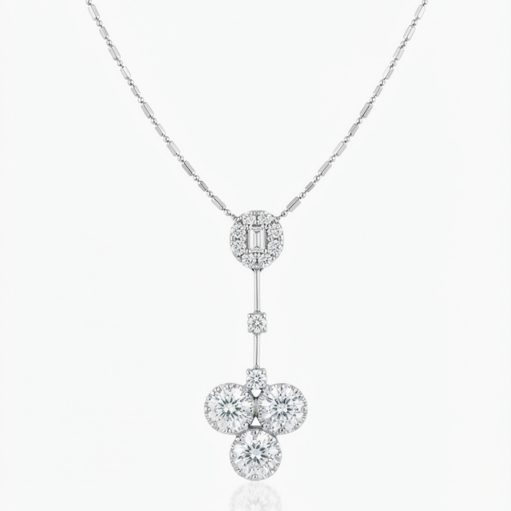 Baguette Illusion & Cluster Diamond Pendant Necklace
