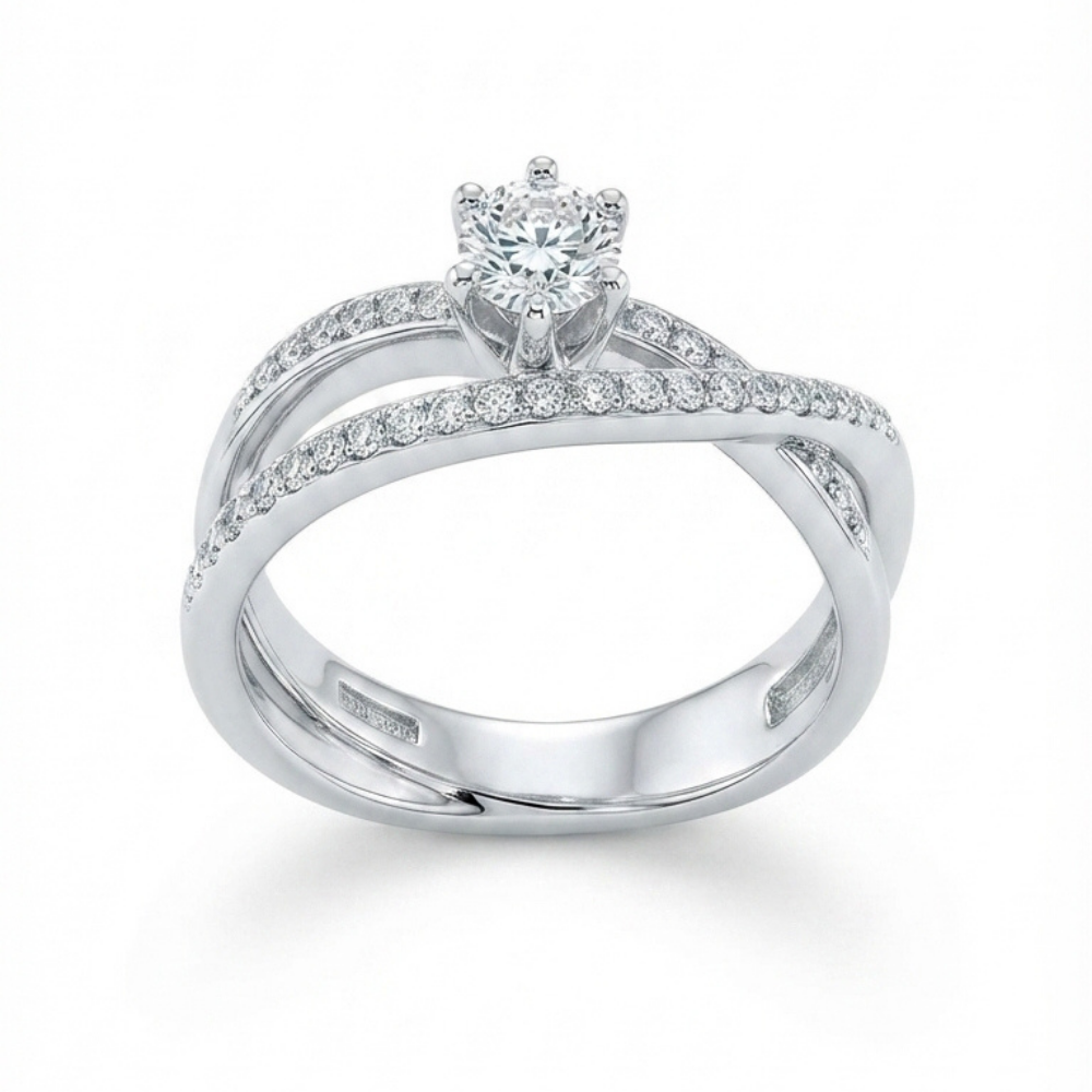 Crossover Double Band Solitaire Diamond Ring