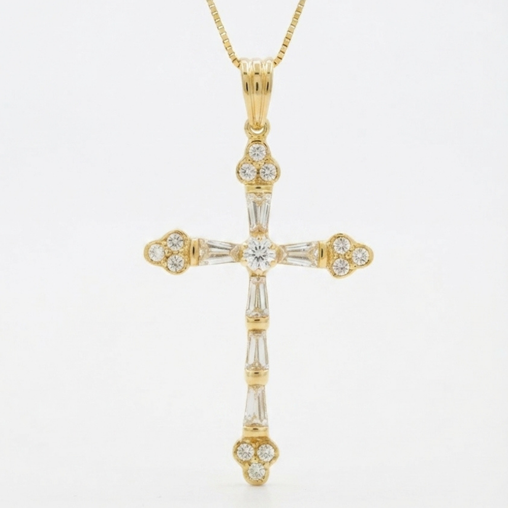 Tapered Baguette & Round Diamond Cross Pendant