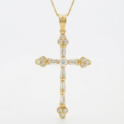 Tapered Baguette & Round Diamond Cross Pendant