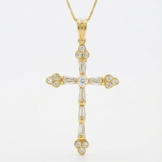 Tapered Baguette & Round Diamond Cross Pendant