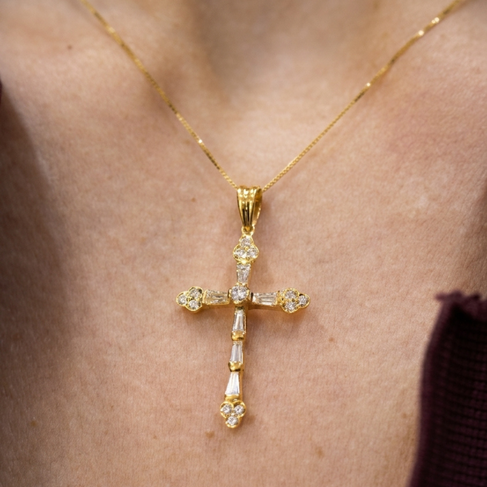 Tapered Baguette & Round Diamond Cross Pendant