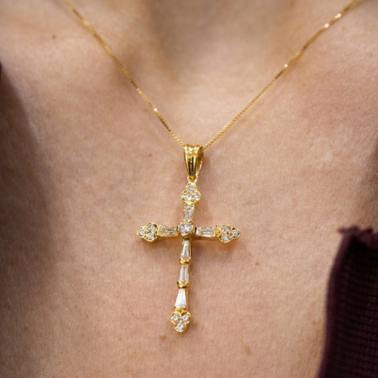 Tapered Baguette & Round Diamond Cross Pendant