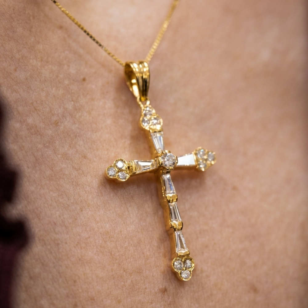 Tapered Baguette & Round Diamond Cross Pendant