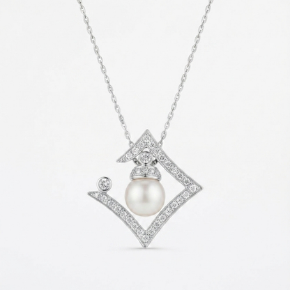 Geometric Diamond & Cultured Pearl Pendant Necklace