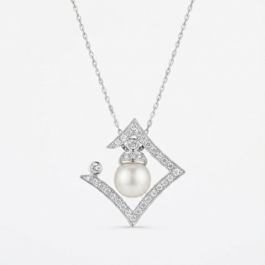 Geometric Diamond & Cultured Pearl Pendant Necklace