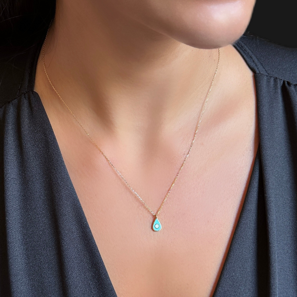 Blue and white enamel drop – gold necklace