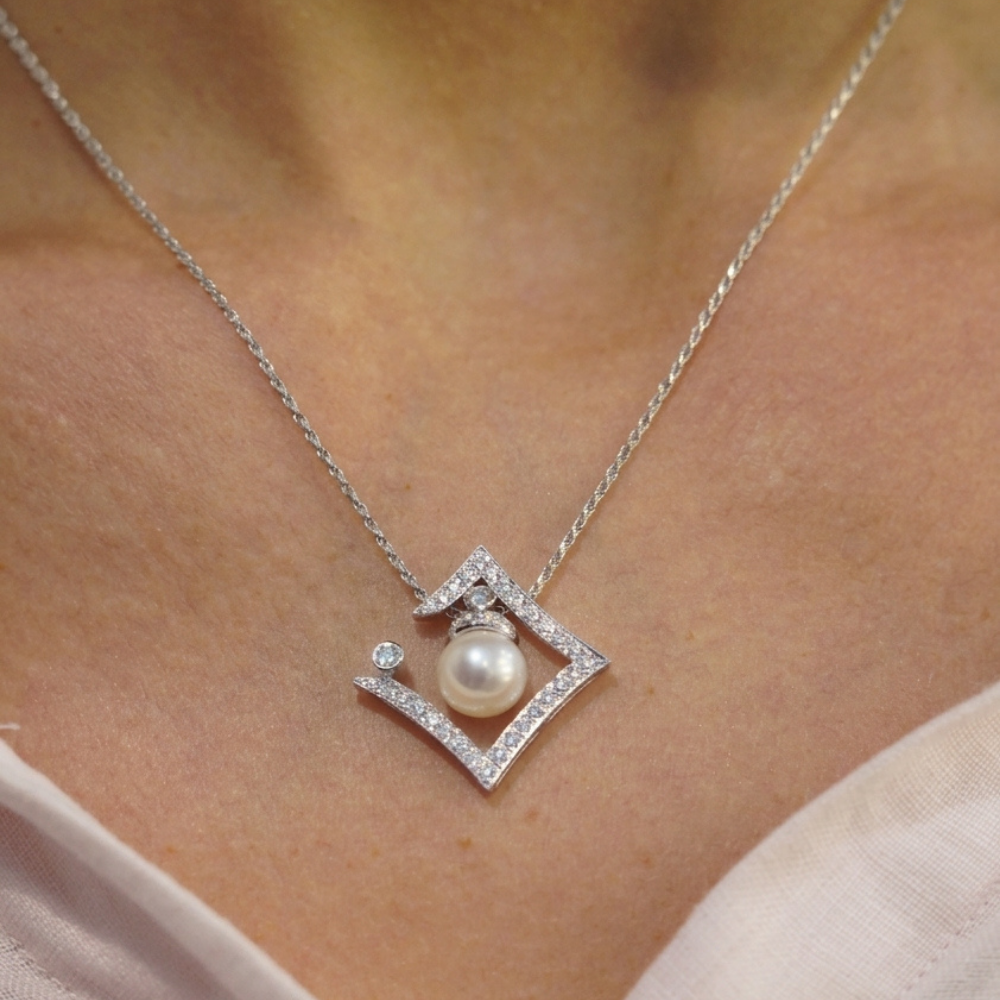 Geometric Diamond & Cultured Pearl Pendant Necklace