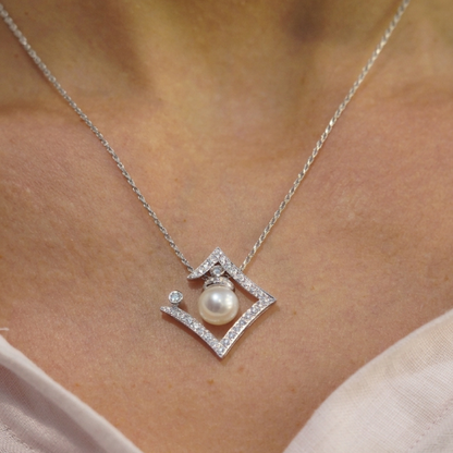 Geometric Diamond & Cultured Pearl Pendant Necklace