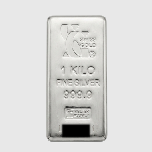 1 kilo fine silver bar with Swiss Gold logo on a white background