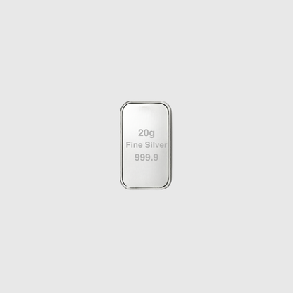 Silver bar with '20g Fine Silver 999.9' text on a light gray background