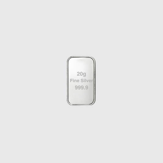 Silver bar with '20g Fine Silver 999.9' text on a light gray background