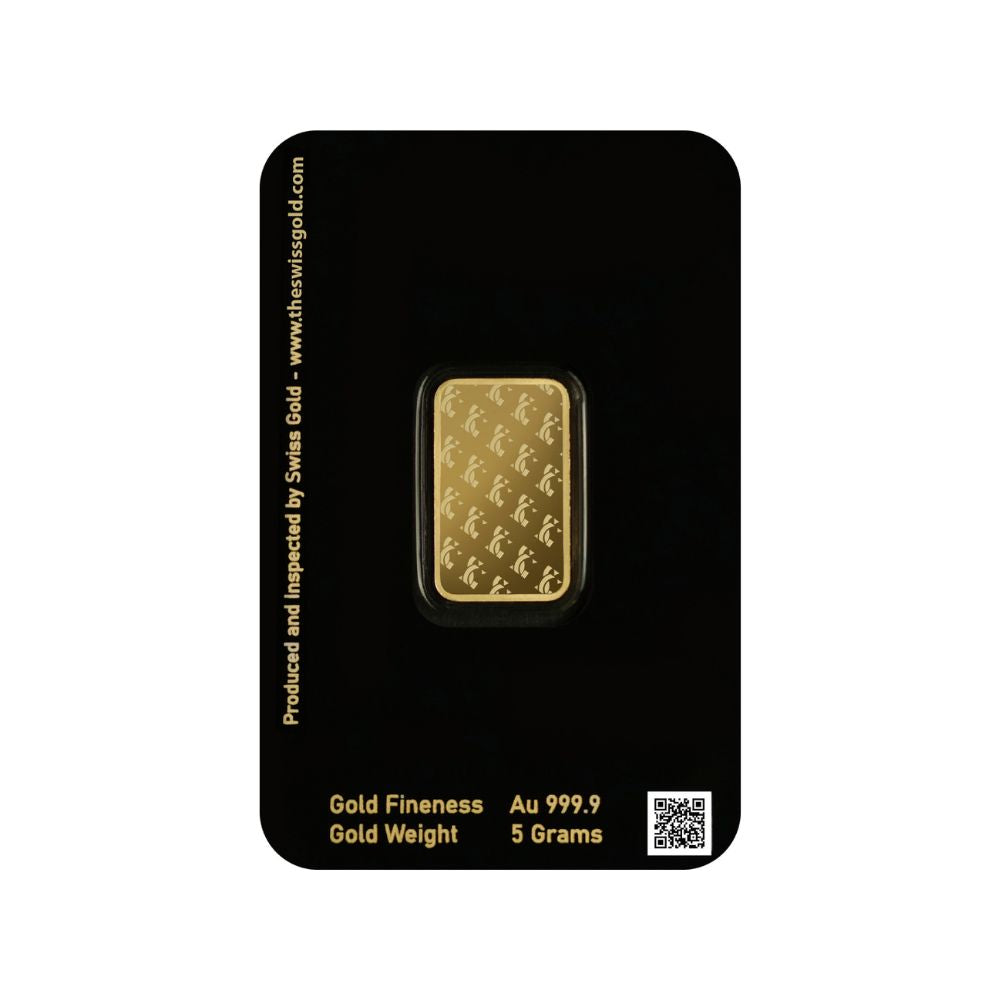 Gold bar on a black card with Swiss Gold branding