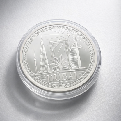 Silver coin with 'Dubai' text and architectural design on a white background