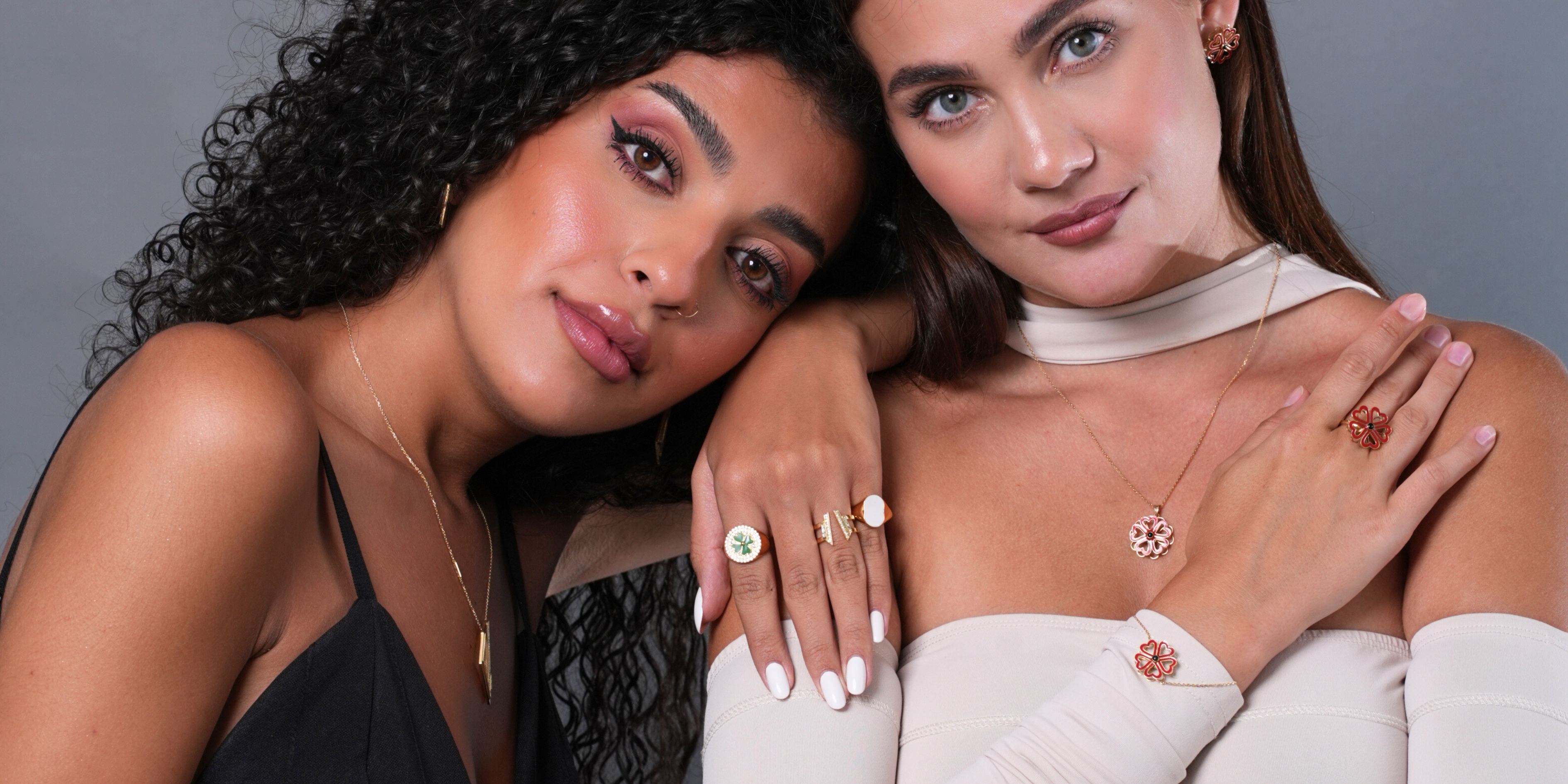 models wearing amour toujours collection and other pieces of jewelry of Lulia Jewelry