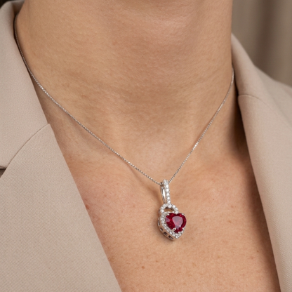Heart-Shape Ruby & Diamond Halo Pendant Necklace