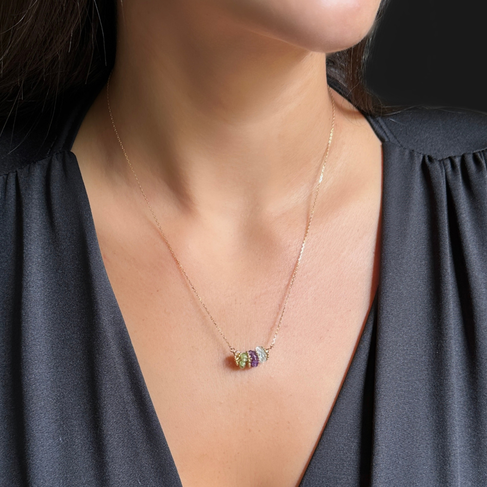 Green, purple and gray stones – 18k gold necklace