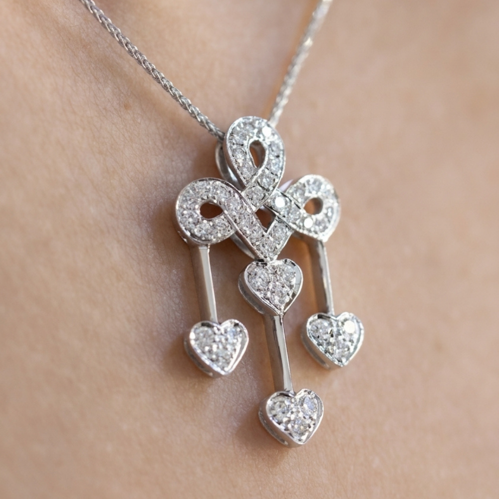 Ribbon & Heart Chandelier Diamond Pendant Necklace