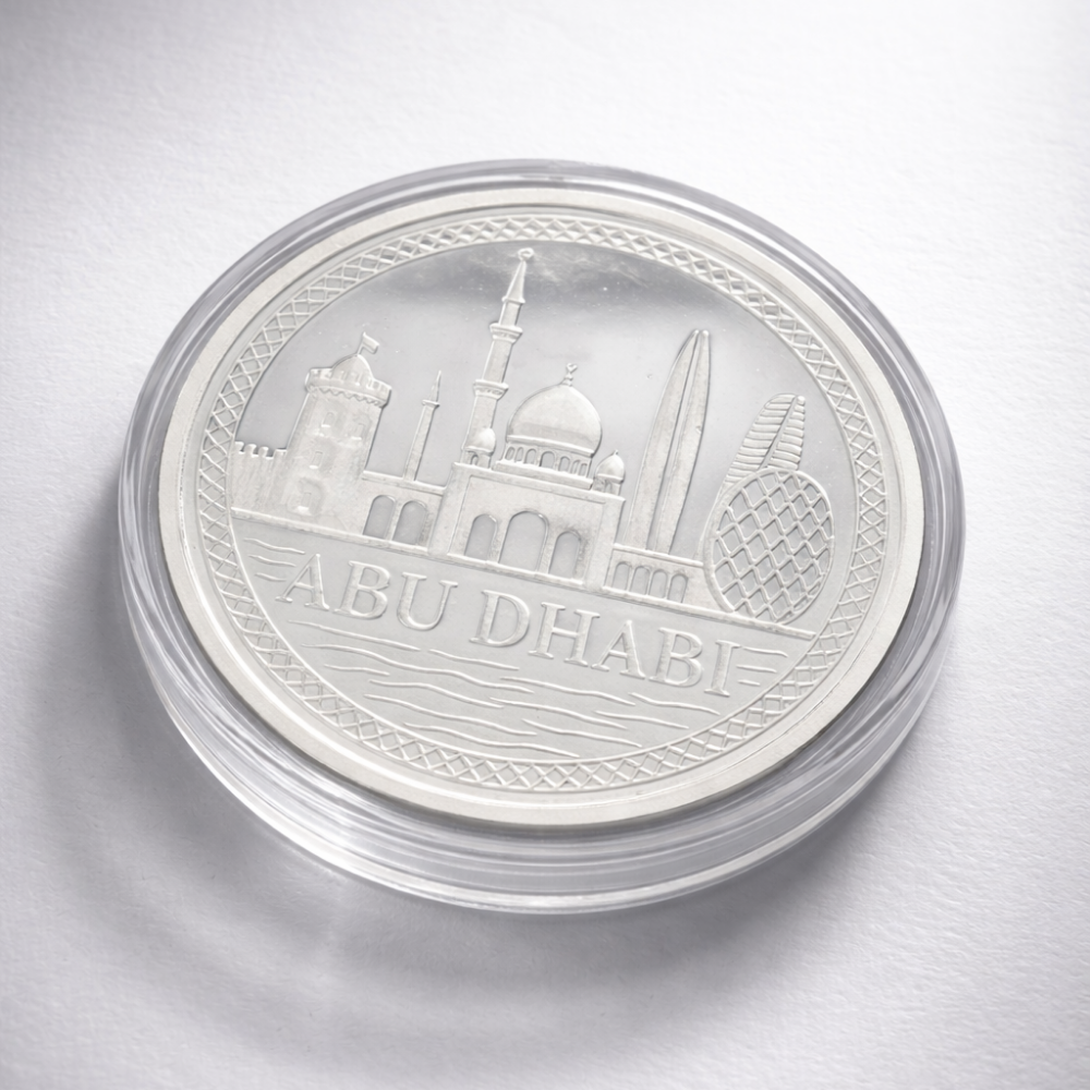Silver coin with 'Abu Dhabi' and architectural design on a white background