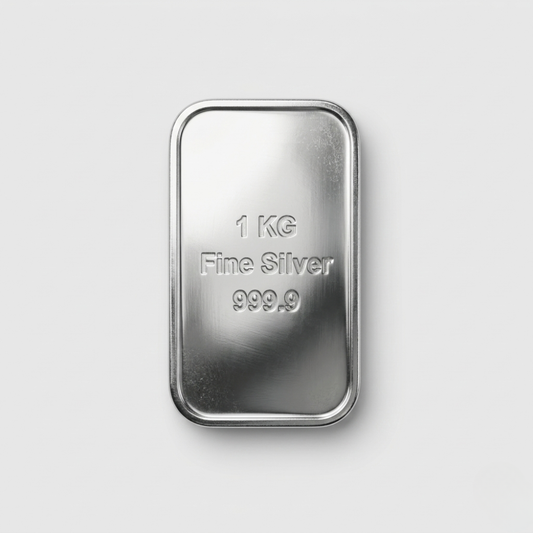 1 kg fine silver bar with '999.9' purity on a light gray background
