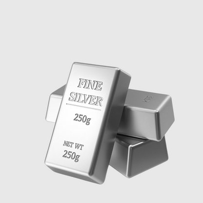 Silver bar with 'FINE SILVER' and '250g' text on a light gray background