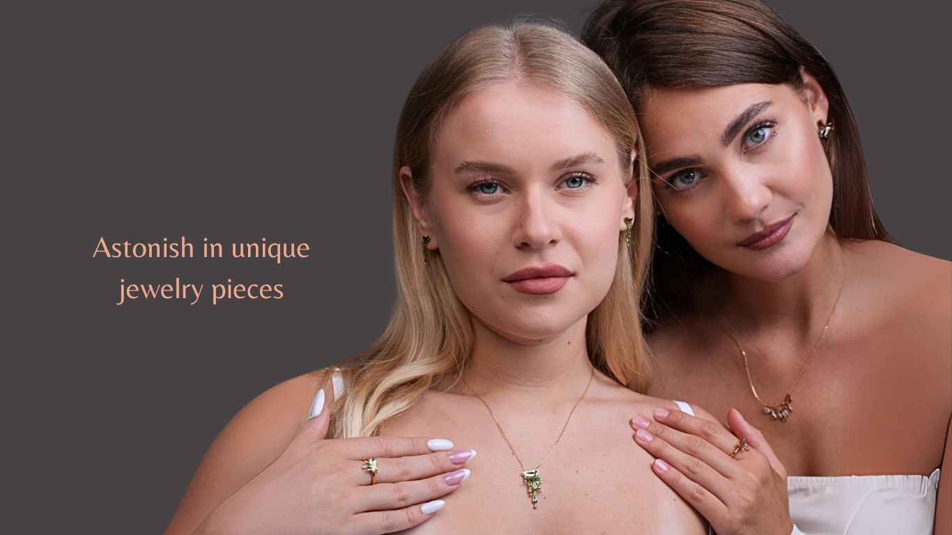 'Astonish in unique jewelry pieces' on a dark background by lulia jewelry