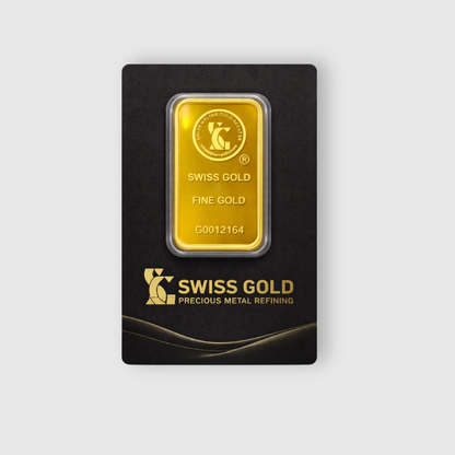 Gold bar with 'Swiss Gold' branding on a black card