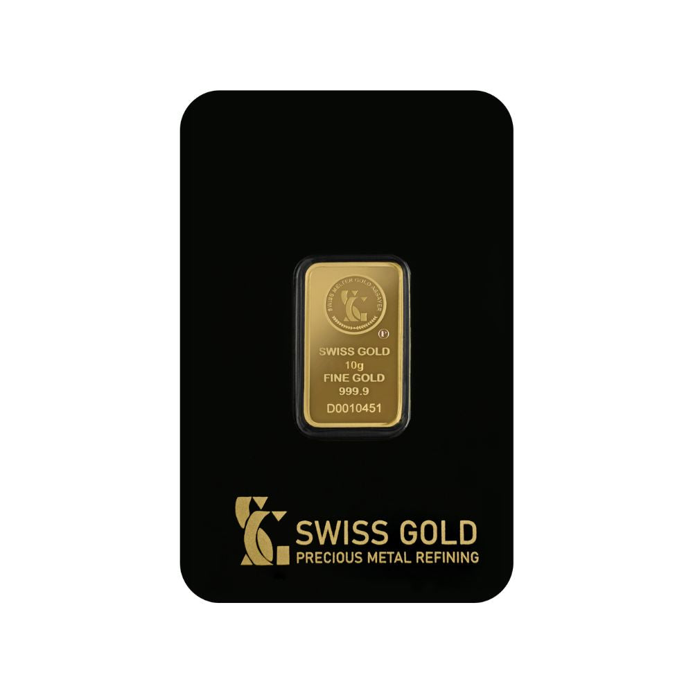 Gold bar in a black holder with 'Swiss Gold' branding on a white background