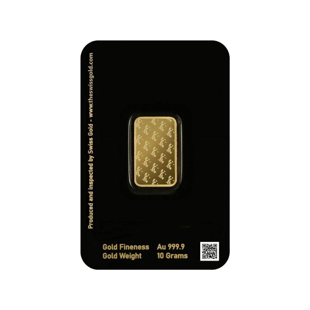 Gold bar on a black card with Swiss Gold branding
