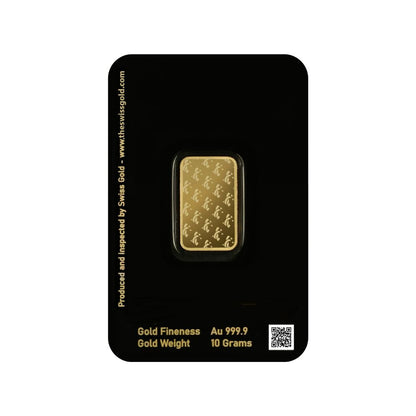 Gold bar on a black card with Swiss Gold branding