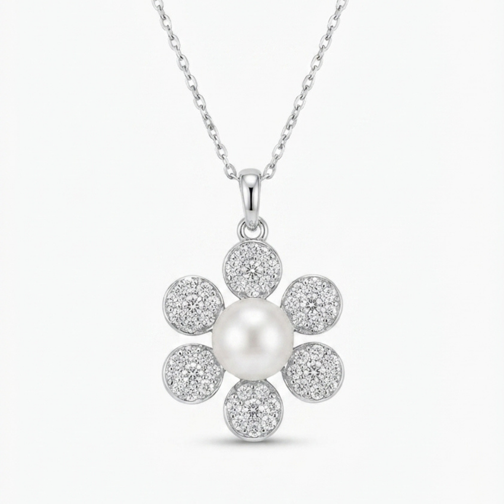 2-Way Convertible Floral Pearl &amp; Diamond Pendant Necklace