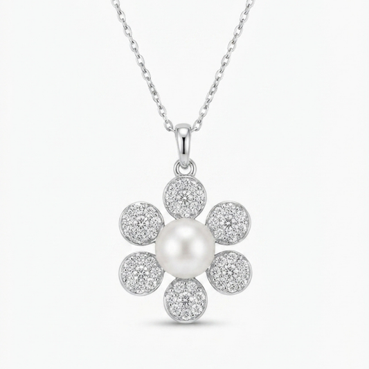 2-Way Convertible Floral Pearl &amp; Diamond Pendant Necklace