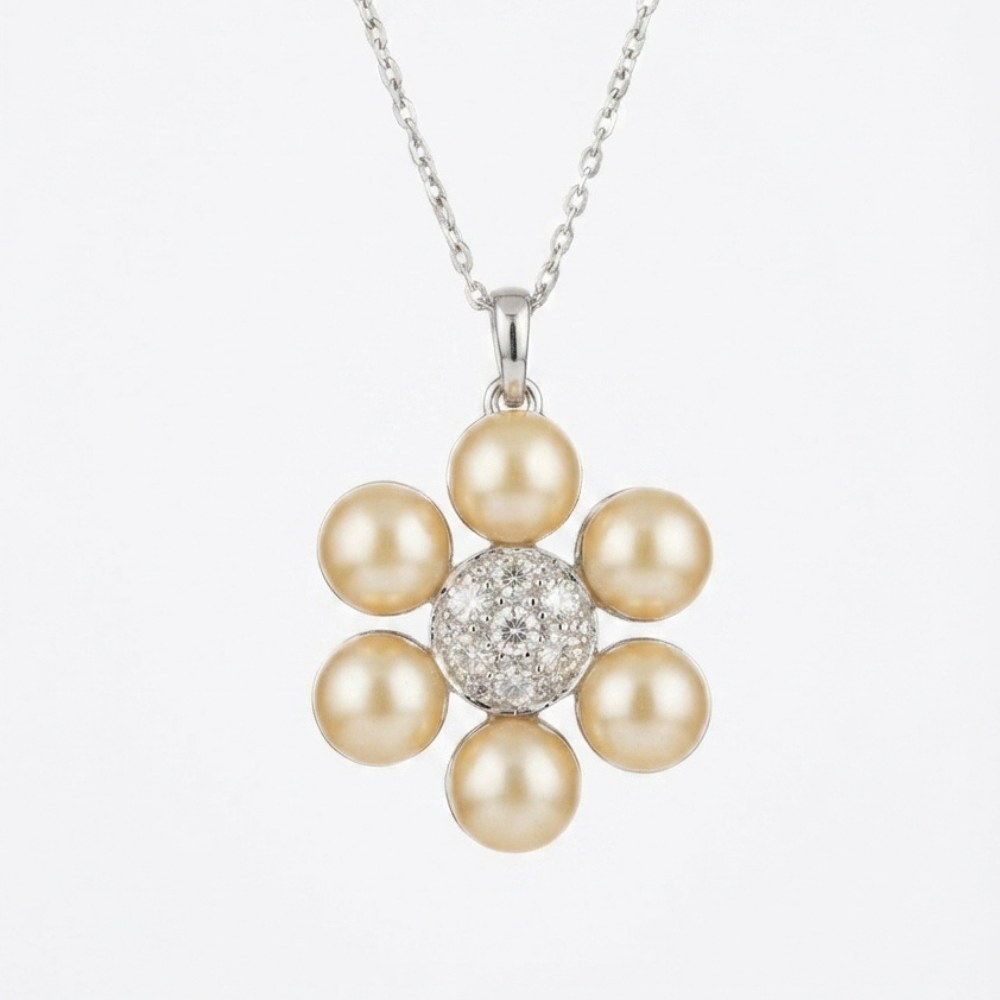 2-Way Convertible Floral Pearl &amp; Diamond Pendant Necklace